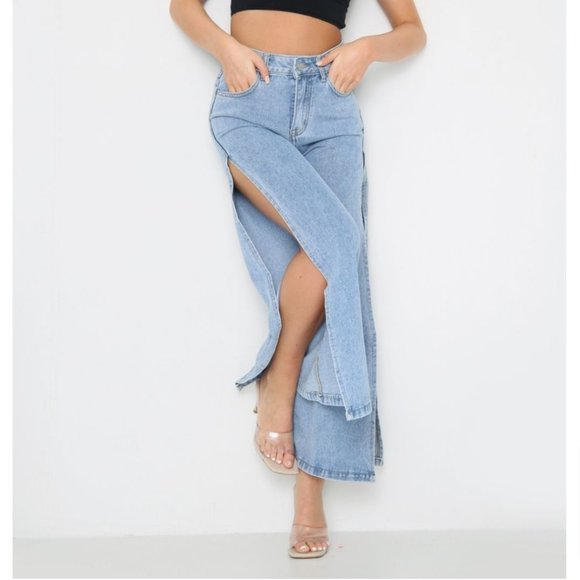(NWT) Side Slit High Waist Wide Leg Jeans - Blue - Picture 8 of 8